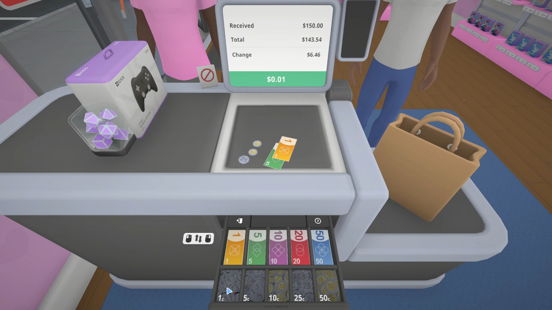 A checkout register screen showing an itemized receipt with change due, alongside a cash drawer of bills and coins