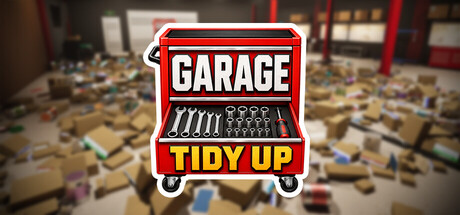 Garage: Tidy Up! key art: a red rolling tool chest logo over a blurred background of scattered cardboard boxes
