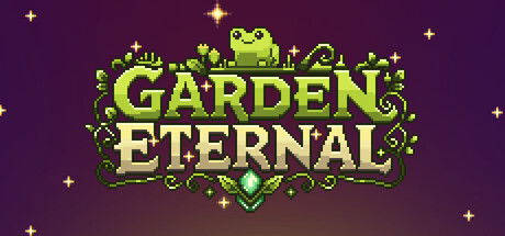 Header art for Garden Eternal showing the pixel-art logo with a small frog perched above it against a purple starry background