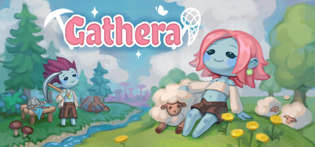 Key art for Gathera showing a large blue-skinned forest spirit character sitting among sheep beside a smaller character with a scythe, in a pastel forest clearing