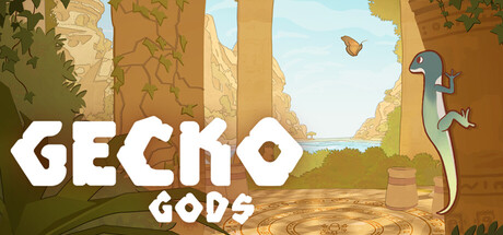 Gecko Gods key art showing the gecko perched on ancient ruins overlooking the sea