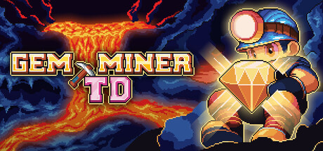 Gem Miner TD logo art with a pixel-art miner holding a glowing gem in front of an erupting volcano