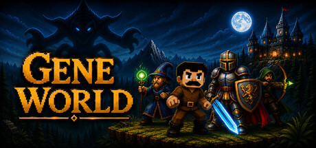 The game's logo beside a pixel-art mage, swordsman, knight and archer standing together in front of a moonlit castle, with a shadowy horned creature looming over distant mountains