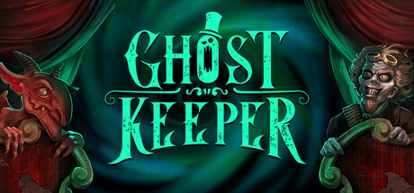 Header art for Ghost Keeper showing the game's teal logo flanked by a horned demon and a grinning ghoul pulling back red stage curtains