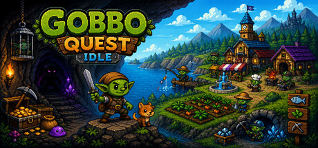 GobboQuestIdle logo artwork showing a small green goblin adventurer standing in front of a fantasy village with a fishing dock, market stalls, and a clock tower