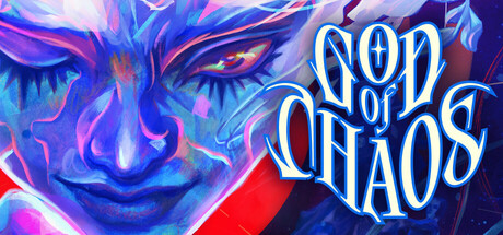 Stylized close-up painting of a blue-skinned, horned deity's face beside the God of Chaos logo