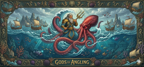Gods of Angling key art showing a fantasy angler hero casting a line