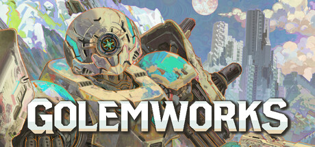 Golemworks key art showing an armored golem with a glowing compass-like eye against a ruined cityscape
