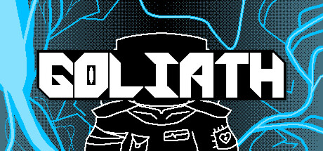 Header art for GOLIATH showing a line-art astronaut-like character silhouette below the game's blocky logo against a blue lightning-streaked background