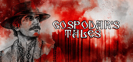 Cover art for Gospodar's Tales, a red-and-white sketched illustration of a mustached man in a wide-brimmed hat beside the game's title