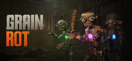 GRAIN ROT key art showing three wooden puppet characters with glowing eyes and exposed mechanical parts standing in a dark corridor