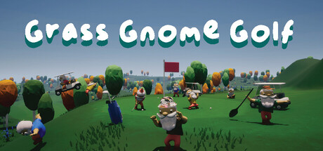 Grass Gnome Golf title card, showing a group of gnome golfers and a golf cart on a course under a red flag