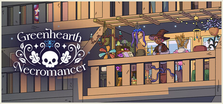 Key art showing the Greenhearth Necromancer logo beside an illustrated apartment balcony cluttered with plants and magical trinkets
