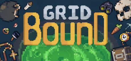 The Gridbound logo in orange pixel-art lettering over a green planet, ringed by pixel-art items including a bomb, a skull, an hourglass, and a treasure chest