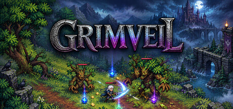 Grimveil title logo over a pixel-art forest clearing with a warrior fighting two tree-like monsters