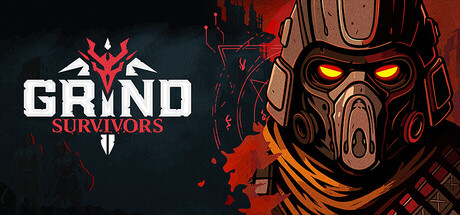 Grind Survivors key art showing a demon hunter's glowing-eyed masked helmet beside the game's logo