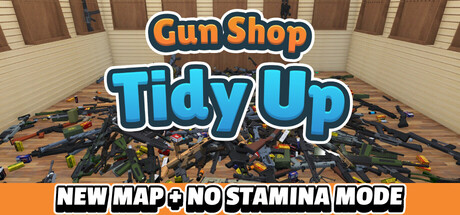 Gun Shop: Tidy Up key art showing a pile of scattered firearms and ammo boxes across a wood-paneled shop floor
