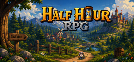 Stylised key art showing a hero riding into a picturesque fantasy valley toward a distant castle, past a signpost reading Adventure