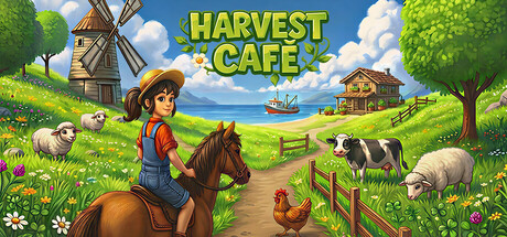 Harvest Cafe key art showing a windmill, farm animals, a house and a girl riding a horse along the coast