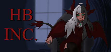 The HB Inc. logo beside a horned, red-tailed demon character with white and black hair seated in an office chair
