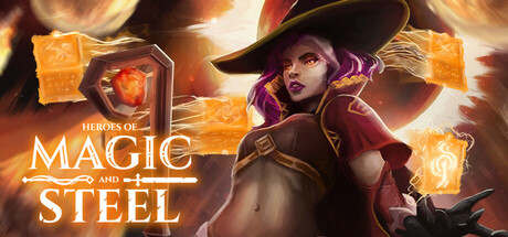 A hooded sorceress in a wide-brimmed hat beside the Heroes of Magic and Steel logo, with glowing card icons in the background