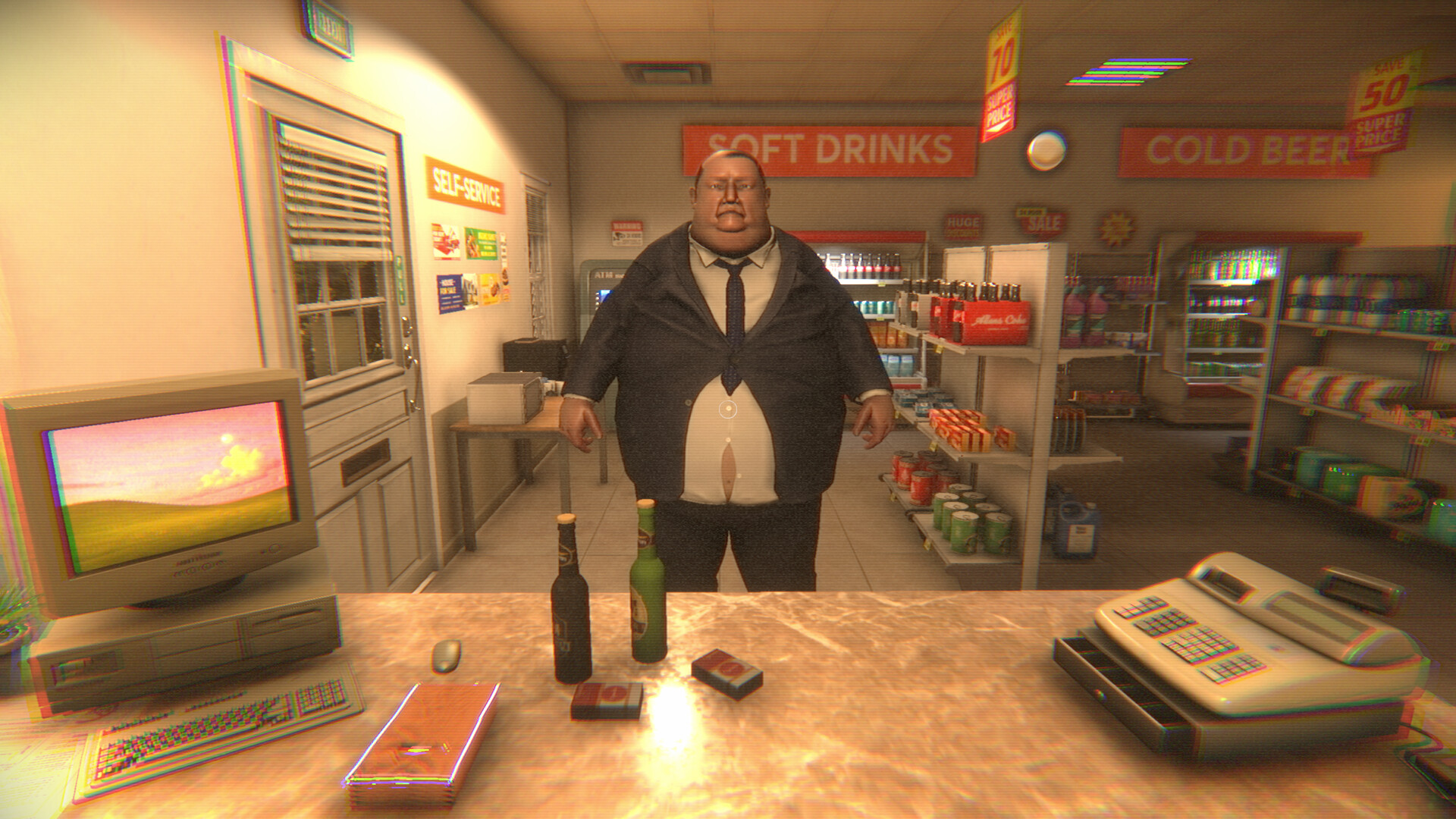 A heavyset man in a suit and tie standing behind a gas station counter with an old CRT monitor, drink bottles, and a cash register in the foreground