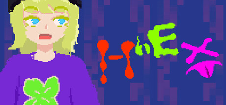 A blonde character in a purple shirt beside the pixel-art HEX logo against a dark tiled background