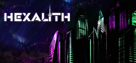 The Hexalith logo against a starry sky above a neon purple-and-teal sci-fi skyline