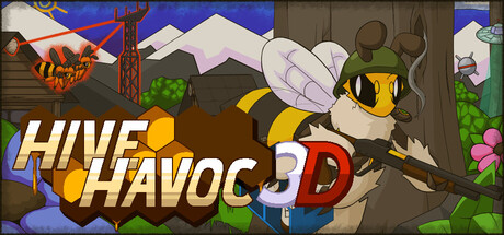 A rifle-toting bee in a military cap faces off against hornets by a radio tower in the Hive Havoc 3D key art