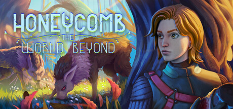 Honeycomb: The World Beyond key art showing a bioengineer in armor beside a small alien creature and a larger four-legged beast among purple-leaved trees