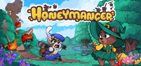 Key art for Honeymancer, showing the Bear Witch and a raccoon companion in a forest clearing