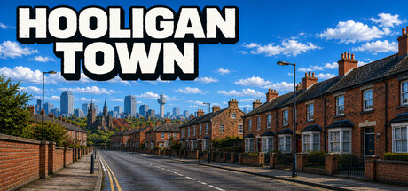 The Hooligan Town logo in bold white block letters over a row of red-brick terraced houses with a distant city skyline