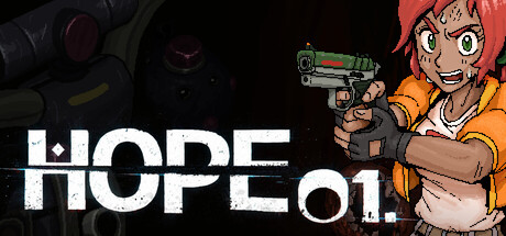 HOPE 01 key art showing the red-haired protagonist aiming a pistol beside the game's logo