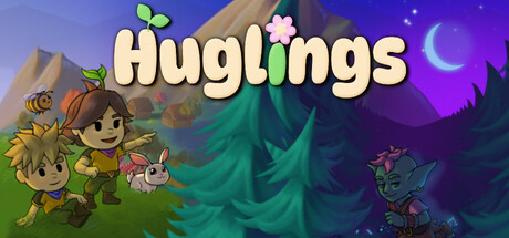 Huglings key art showing a Hugling family and their pet rabbit before misty mountains at dusk, a goblin watching from the trees