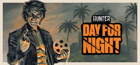 Illustrated key art of a scarred, fanged man in a leather jacket making a rock-and-roll gesture, beside the title 'Hunter: The Reckoning — Day For Night' over a palm-tree Hollywood skyline