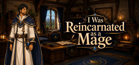 Key art showing a robed mage standing in a cosy study, beside the game's title text