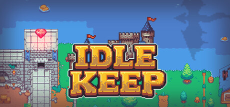 Idle Keep logo artwork over a pixel-art castle and village