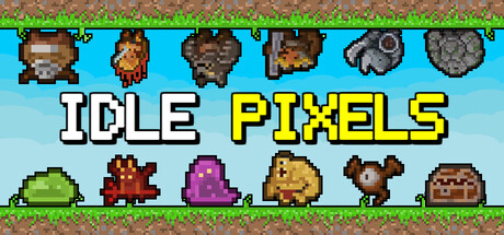 The Idle Pixels logo between two rows of small pixel-art monster sprites including a boar, a cave troll, a bird, and a treasure chest