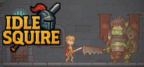 Idle Squire key art showing a pixel-art squire facing off against an armoured orc boss in a stone dungeon corridor