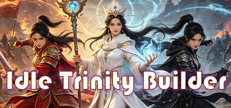 Idle Trinity Builder logo over illustrated anime-style portraits of three fantasy heroes - a red-armoured warrior, a white-robed priestess with a staff, and a dark-armoured assassin - against a fiery battlefield backdrop