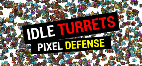 The Idle Turrets Pixel Defense logo over a dense tiled background of pixel-art enemy sprites