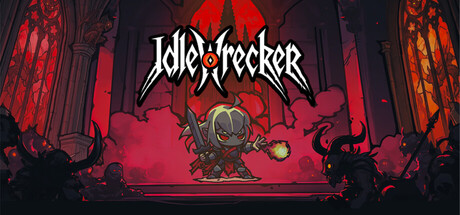 IdleWrecker logo in cracked red lettering over a dark cathedral interior, with a small armoured pixel-art hero casting an orange fireball between two stained-glass windows