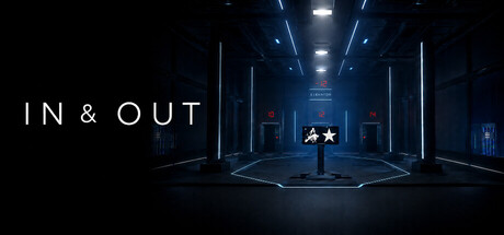 The IN & OUT logo beside a dark, blue-lit facility corridor lined with numbered doors and a glowing star-and-symbol terminal