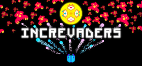 Pixel-art key art for Increvaders showing a small blue ship firing upward at a swarm of red alien invaders beneath a glowing yellow sun icon