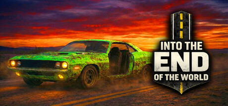 A rusted, moss-covered green muscle car with its door open, driving down a desert road at sunset beside the game's logo