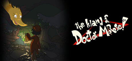 Split key art showing a glowing yellow-eyed, antlered creature emerging from dark foliage on the left facing a small lantern-carrying figure in a hat, beside the hand-lettered title 'The Island of Doctor Morose' crossed out with a red slash