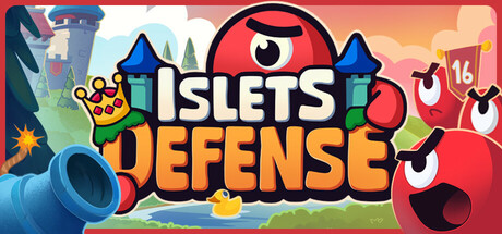Islets Defense key art with a castle, angry red enemy blobs, and a cannon tower
