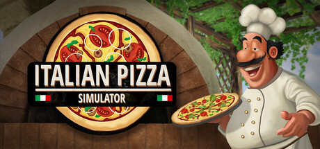 Key art showing a moustached Italian chef in a tall toque holding out a fresh pizza beside the game's logo
