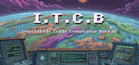 I.T.C.B title art showing a pixel-art alien planet viewed through a trade terminal's control console windows