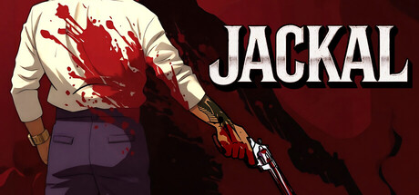 Key art showing a blood-spattered figure in a white shirt holding a revolver beside the Jackal logo